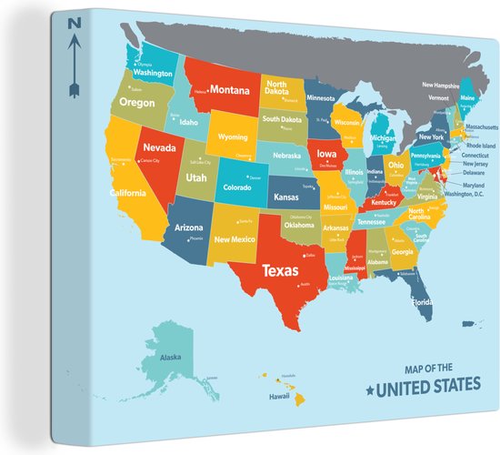 Peinture sur toile Carte de l' Amérique en couleurs - 120x90 cm - Décoration murale