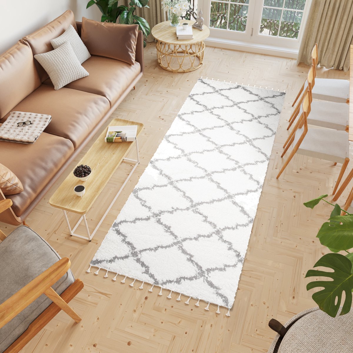 Tapiso Boho Loper Creme Hoogpolig Kwastjes Trellis Modern Woonkamer Vloerkleed Maat- 100x2