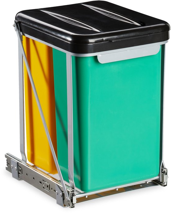 Uittrekbare afvalbak met gele en groene binnenbakken, zwart deksel, gesloten.