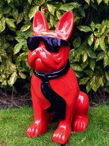 Franse French bulldog 80 cm hoog - hond - dog - rood – zwarte zonnebril - polyester - polyresin - polystone - hoogkwalitatieve kunststof - decoratiefiguur - interieur - accessoire - voor binn