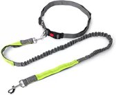 Sharon B - Reflecterende Hardloopriem voor honden - 2 delige set - anti shock - schokabsorberende bungee riem - grijs/groen - elastisch - handsfree heupriem - trainingslijn - leiband - dog le