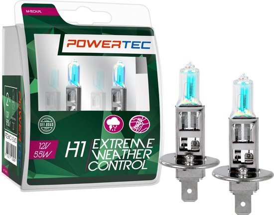 Powertec H1 12V 55W Extreme Weather Control halogeenlampen, set van 2. Verpakking met logo's en lampen.