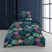 Dekbedovertrek Deluxe 140x200 2 delig Blauw /groen met bloemen en bladeren