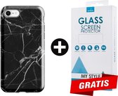 Backcover Marmerlook Hoesje iPhone SE (2020) Zwart - Gratis Screen Protector - Telefoonhoesje - Smartphonehoesje