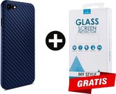 Backcase Carbon Hoesje iPhone SE (2020) Blauw - Gratis Screen Protector - Telefoonhoesje - Smartphonehoesje