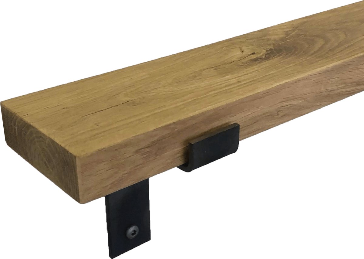 GoudmetHout Wandplank Industrieel - 100 x 10 cm Muurplank - Eiken Hout - Decoratie Wandrek & Boekenrek - Hangplank Keuken - Wall Shelf + 2 Plankdragers van Ruw Staal Licht eiken, zonder coating