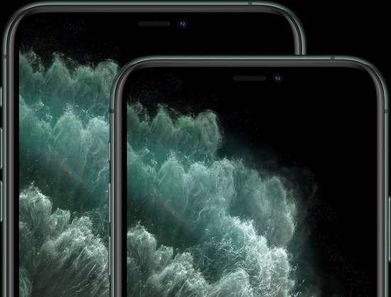 Twee donkergroene iPhones 11 Pro met een aquagroen behang.