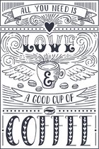 Teimozo | Wanddecoratie | "All You Need is Love & a Good Cup of Coffee" | Muurdecoratie | Vintage | Citaten | Slogan | Koffie | Aluminum | 38 x 56 cm | Wit | Metaal | Alu di-bond | Wall Art