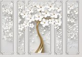 Vliesbehang Bloemen Boom XXL – fotobehang – Witte bloemen Ornament - 368 x 254 cm – Zwart Wit Geelgoud