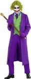 Een man met groen haar en Joker-make-up poseert met een wandelstok in een paars kostuum, groen vest en paarse handschoenen.
