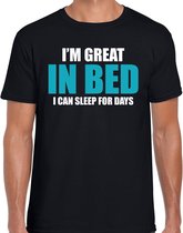 Great in bed / Geweldig in bed fun tekst slaapshirt / pyjama shirt - zwart - heren - Grappig slaapshirt / slaap kleding t-shirt L