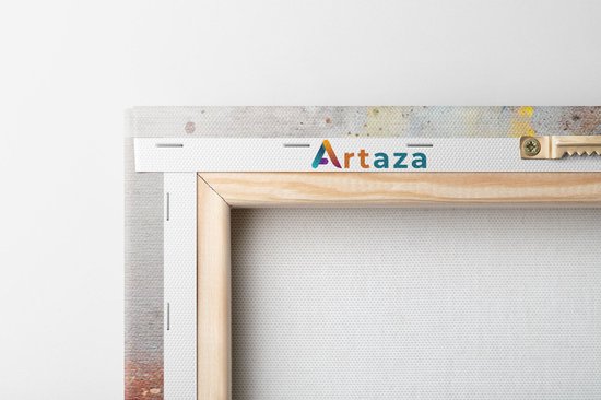 Achterkant van een Artaza canvas schilderij met houten frame en ophangsysteem.