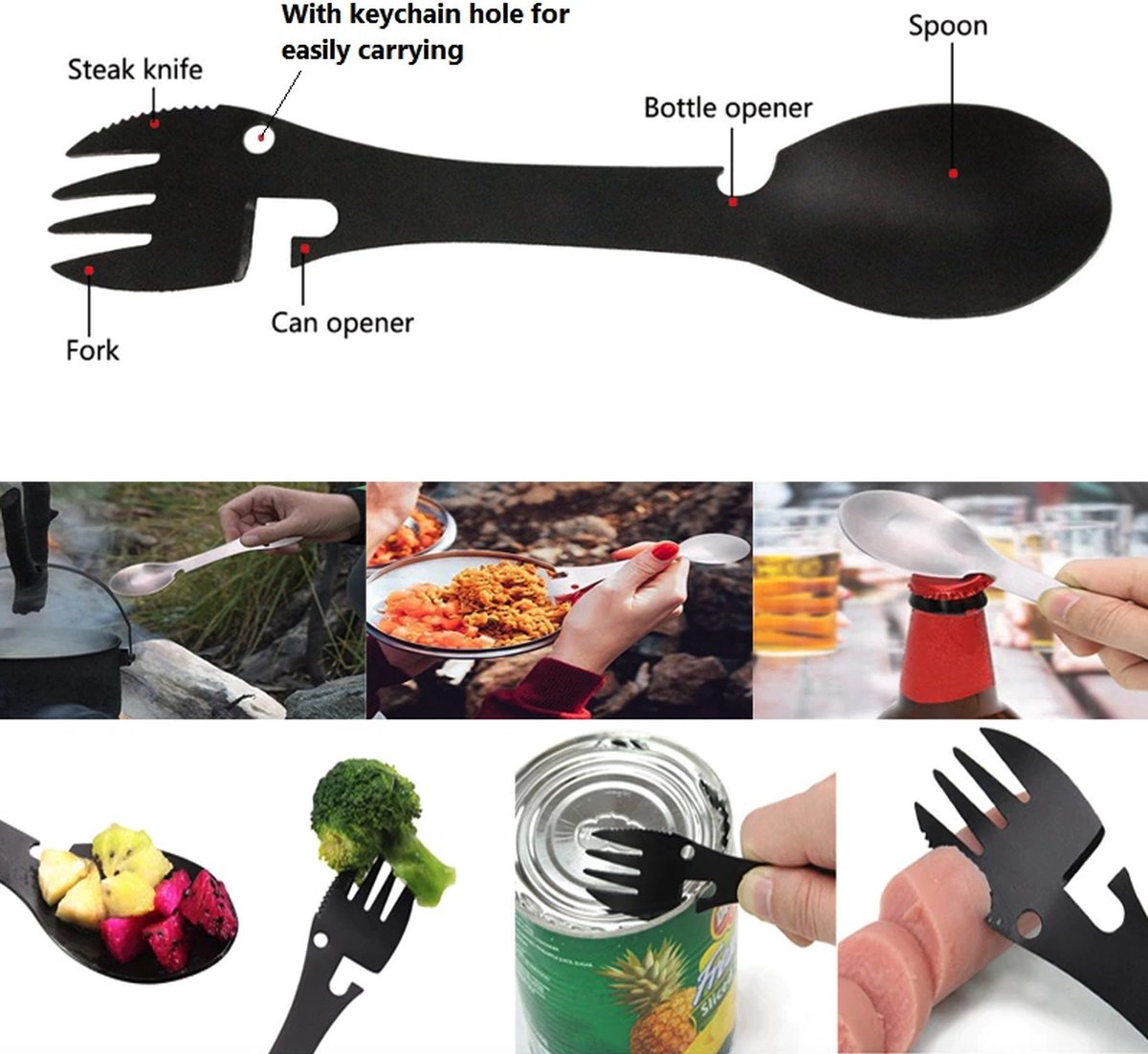 5 in 1 Spork - Lepel, vork, mes, blik en fles opener - camping bestek - rvs spork - zwart