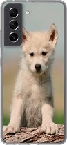 Geschikt voor Samsung Galaxy S21 FE hoesje - Wolf - Kind - Hout - Siliconen Telefoonhoesje