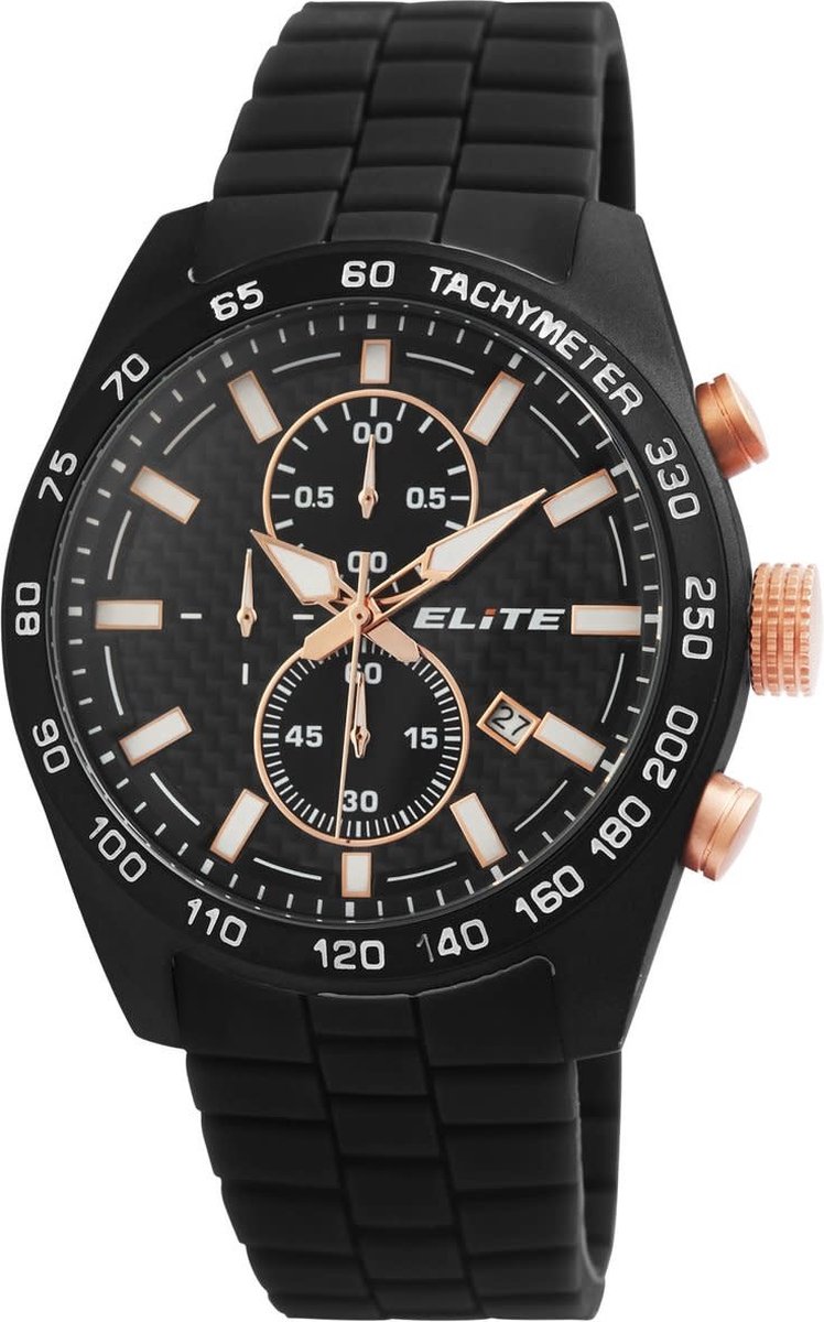 Elite horloge chronograaf met siliconen band, zwart-rosé goudkleurig - heren