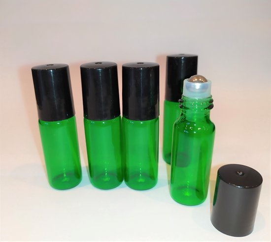 Essentiële olie roller - 5 ml - Groen - Vrolijk gekleurd - Rollerflesjes - Parfum rol-on fles - Glas - 5 stuks - Rvs bal.