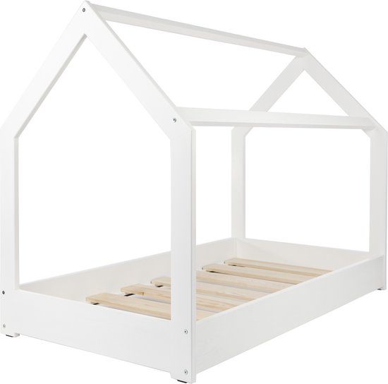 ZYLOYAL10 Houten kinderbed 90 x 200 cm, kinderhuisbed met dak, ladder en lattenbodem, eikenkleur (wit ZYLOYAL10 Houten kinderbed 90 x 200 cm, kinderhuisbed met dak, ladder en lattenbodem, eikenkleur (wit
