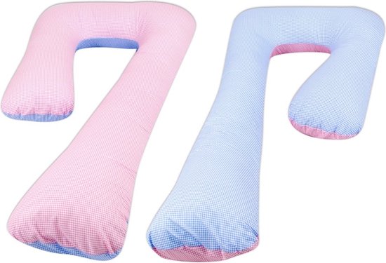 Voedingskussen - Zijslaapkussen - 235 cm - 100% katoen - blauw en roze geruit