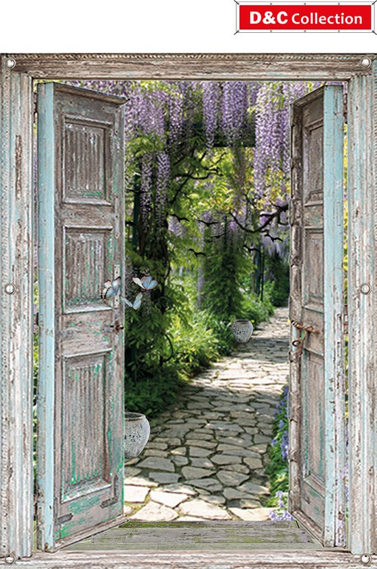 D&C Collection - tuinposter - 95x130 cm - doorkijk - Openslaande deuren - luxe uitvoering - Uitzicht laan blauwe regen en vlinders - tuindecoratie - tuindoek - tuinposters buiten - schuttingposter