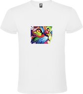 Wit T-shirt met Poes in prachtige kleuren size M