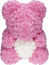Rozenbeer Roze met Wit Hart 30 cm {Rozen beer Valentijn teddybeer rose bear cadeau geliefde vriendin | knuffel roos beertje Valentijnsdag Moederdag kado knuffelbeer hartje i love you ik hou van jou hartjes}