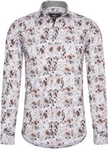 Heren overhemd Lange mouwen - MarshallDenim - bloemenprint wit en bruin - Slim fit met stretch - maat L