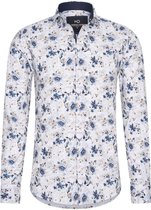 Heren overhemd Lange mouwen - MarshallDenim - bloemenprint wit en blauw - Slim fit met stretch - maat XL