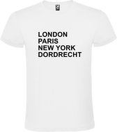 Wit t-shirt met " London, Paris , New York, Dordrecht " print Zwart size S