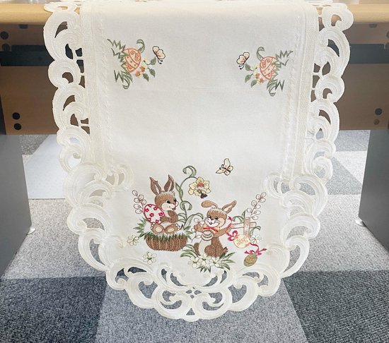 Tafelloper voor Pasen, 40 x 180 cm, modern, met hazen en bloemenpatroon, wasbaar, lente, Pasen, decoratieve tafelloper voor seizoensgebonden feesten, eetkamer