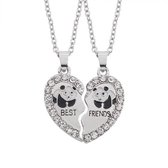 Kasey - Vriendschapsketting - BFF ketting voor 2 - Zilverkleurig hart met steentjes - Panda