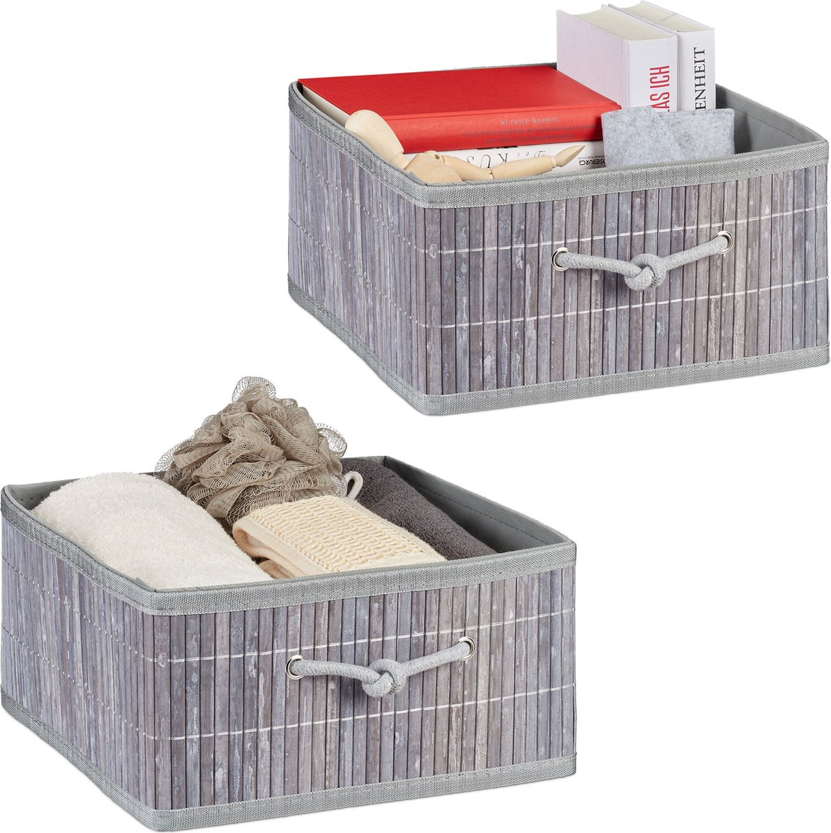 opbergmand kast - set van 2 - bamboe - mandje badkamer - 15 l - opvouwbaar - grijs