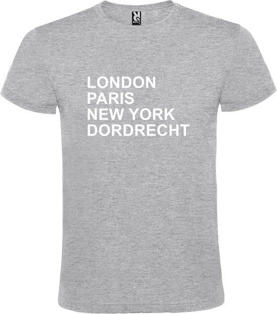 Grijs t-shirt met " London, Paris , New York, Dordrecht " print Wit size XXXL