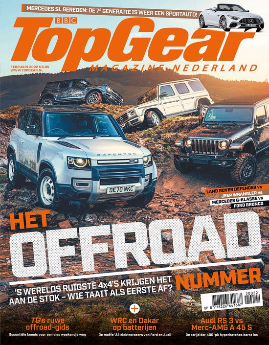 Voorpagina Top Gear Magazine februari 2022 met Land Rover Defender, Jeep Wrangler, Mercedes G-Klasse en Ford Bronco.