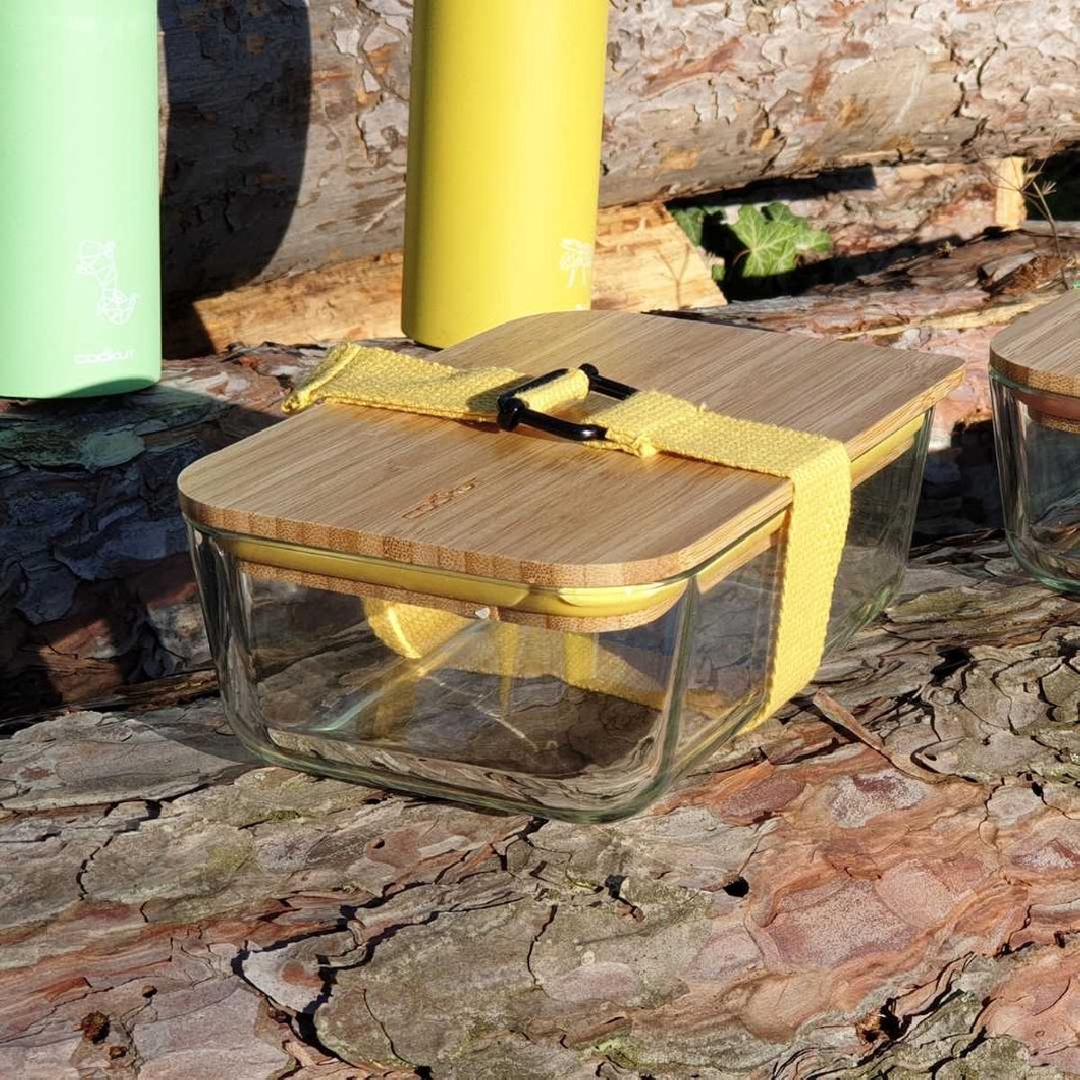 Goedkoopste Cookut lunchbox uit glas met bamboe deksel en riem geel