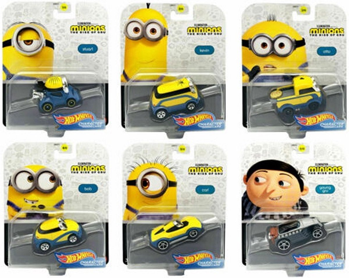 Hot Wheels Minions voertuigen Compleet set Die cast Voertuig 7 cm Otto Bob- Kevin Stuart Carl Young Gru