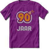 90 Jaar Feest T-Shirt | Goud - Zilver | Grappig Verjaardag Cadeau Shirt | Dames - Heren - Unisex | Tshirt Kleding Kado | - Paars - S