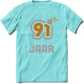 91 Jaar Feest T-Shirt | Goud - Zilver | Grappig Verjaardag Cadeau Shirt | Dames - Heren - Unisex | Tshirt Kleding Kado | - Licht Blauw - S