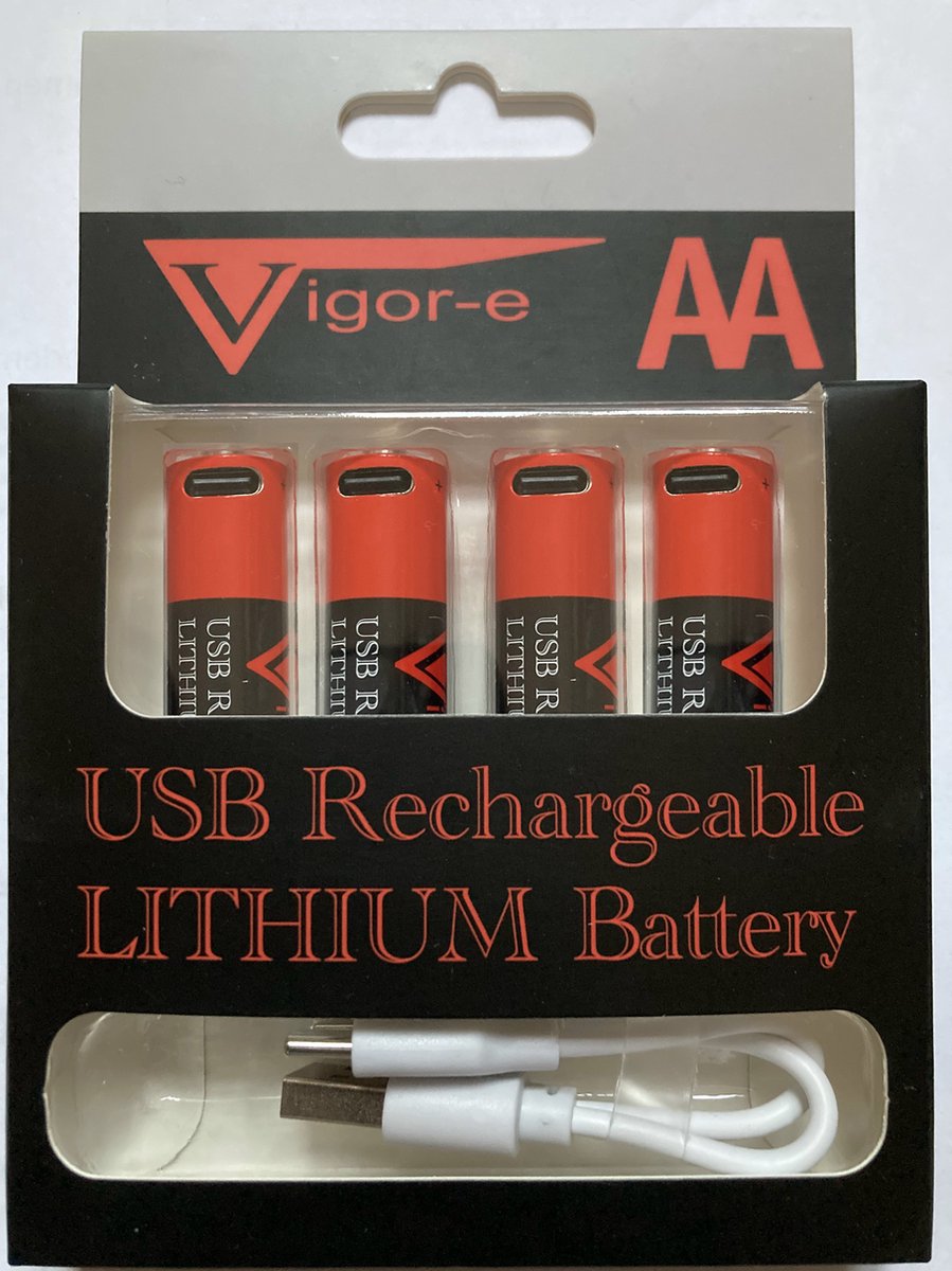 USB herlaadbare / oplaadbare AA batterijen - 2400mWh, 1600mAh - Lithium - 4 stuks per pak - merk: Vigor-e