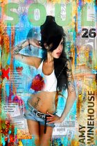 JJ-Art (Aluminium) 120x80 | Amy Winehouse, zangeres, abstract, woonkamer - slaapkamer| Muziek, vrouw, rood, blauw, groen, bruin, geschilderd, modern, sfeer | Foto-Schilderij print