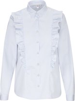 Dames blouse wit met lichtblauwe streep ruches en parelknopen volwassen lange mouw katoen luxe chic maat 44