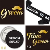 10-delige Vrijgezellenfeest set Groom to Be met buttons, sjerp en tatoeages - vrijgezellenfeest - groom - bruidegom
