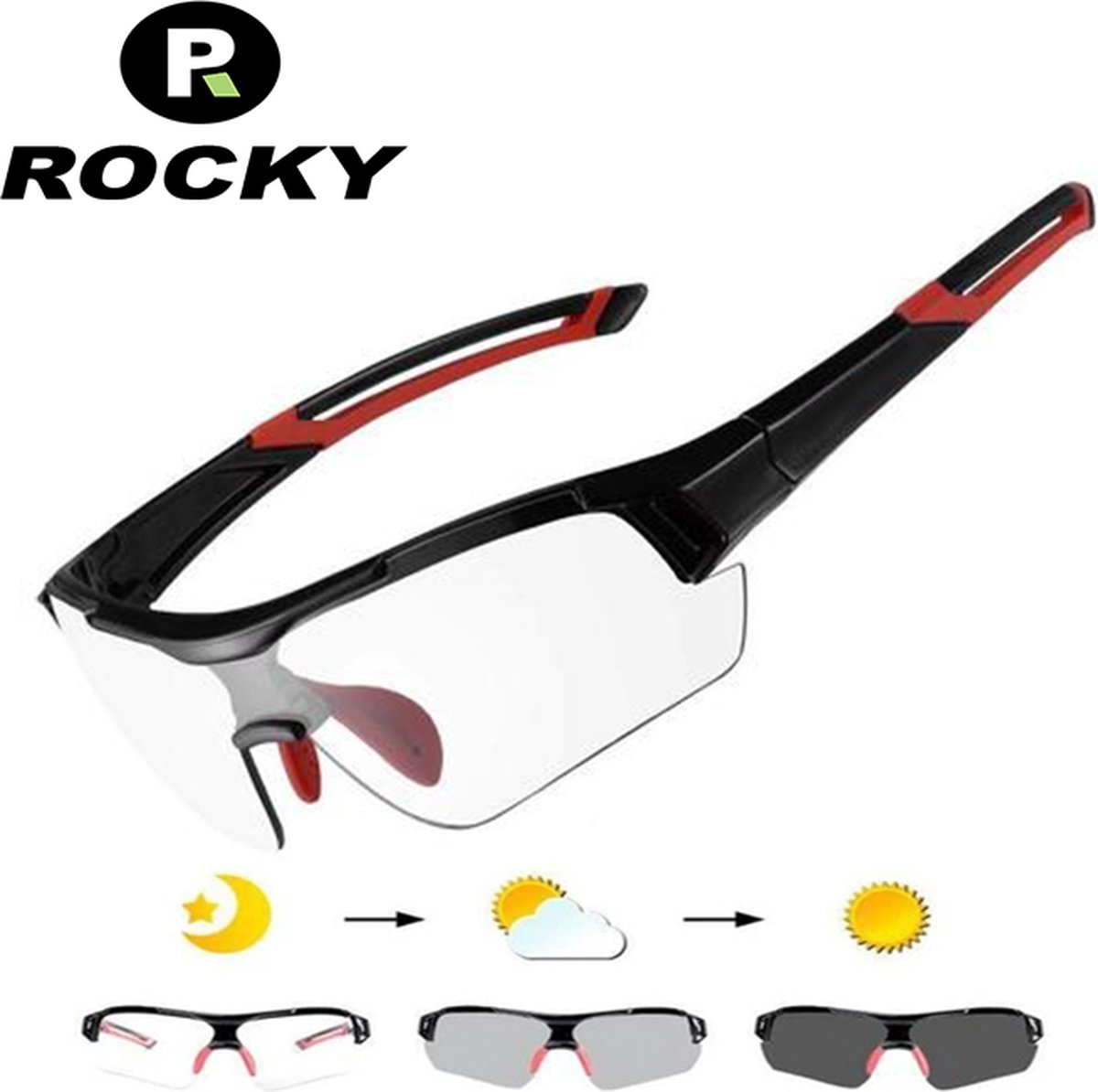 Rocky - Fietsbrillen - Racefiets - Professionele Photochromic Sportbril Rood + GRATIS Optische Clip - Maat: One Size