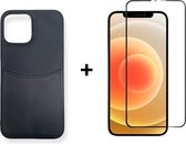 iphone 12 pro max hoesje leer zwart pashouder + screenprotector tempered glass