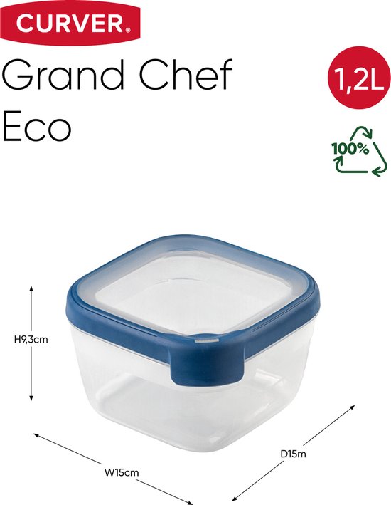 Curver Grand Chef Eco Fresh Récipient 1,2 L Carré Transparent/Bleu Foncé