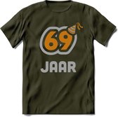 69 Jaar Feest T-Shirt | Goud - Zilver | Grappig Verjaardag Cadeau Shirt | Dames - Heren - Unisex | Tshirt Kleding Kado | - Leger Groen - S