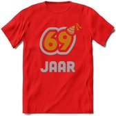 69 Jaar Feest T-Shirt | Goud - Zilver | Grappig Verjaardag Cadeau Shirt | Dames - Heren - Unisex | Tshirt Kleding Kado | - Rood - XL