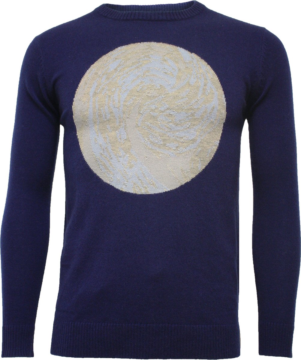 Hommard Cotton Cashmere Intarsia Wave Crew Neck Sweater, XX-Large, Navy, Trui, Ronde nek, Unisex, Blauw, Pullover, Kasjmier, Katoen