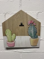 Wanddecoratie bord cactussen + klem - hout - hoogte 25 x 25 x 1 cm - Woonaccessoires