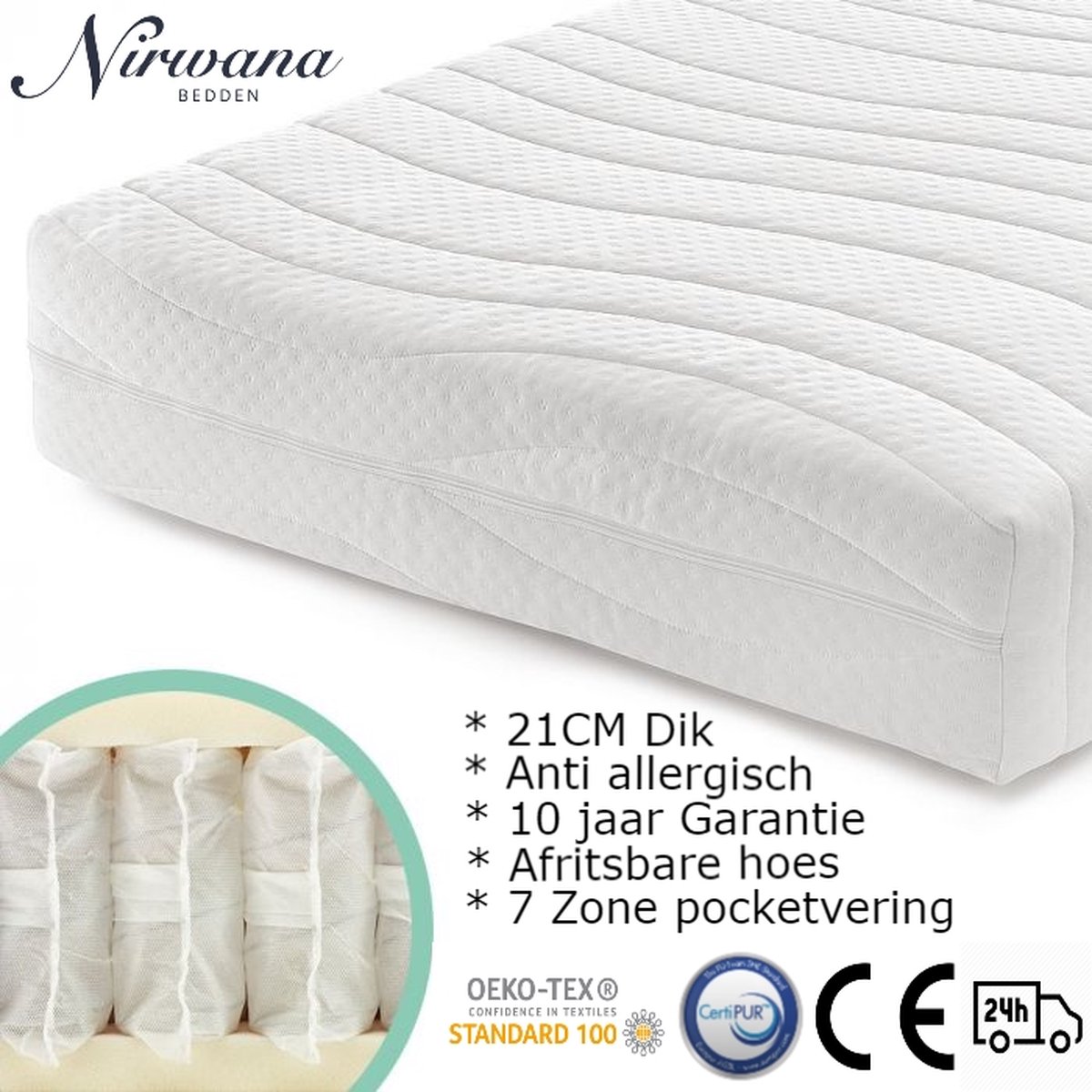 Nirwana Bedden Matras - Stevig - Pocketveer matras - Eenpersoons matras - 90x200x21 Kouschuim Wit