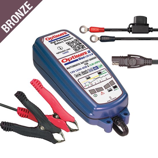 OptiMate 2 DUO - TM550 - 12V / 12,8V Acculader & Onderhouder – Automatische 5-staps Smart Charger (2A) – Voor Loodzuur & Lithium LiFePO4 Accu’s – Veilig 24/7 Onderhoud, Weerbestendig